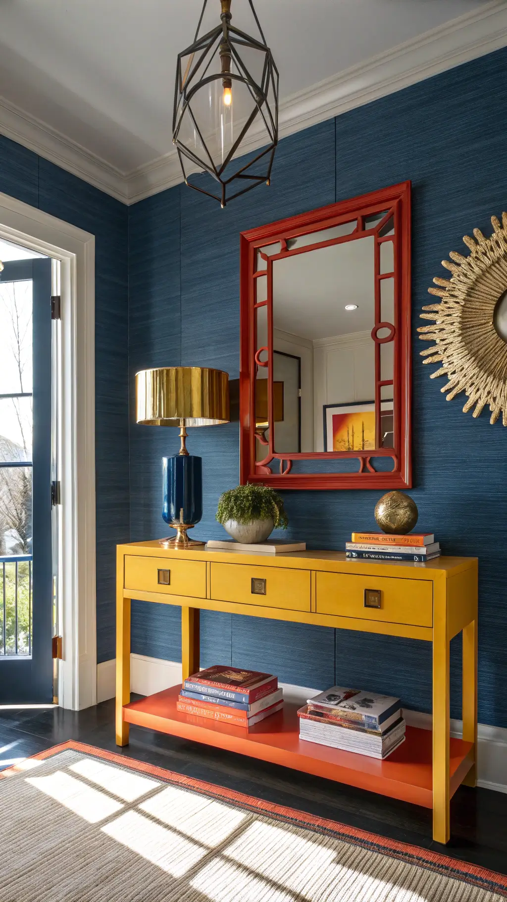 Dramatic entryway featuring midnight blue grasscloth wallpaper, yellow-orange console table, and red-orange mirror frame with brass hardware and lighting fixtures, styled with art books and sculptural elements, lit by late afternoon sun through a geometric pendant light.