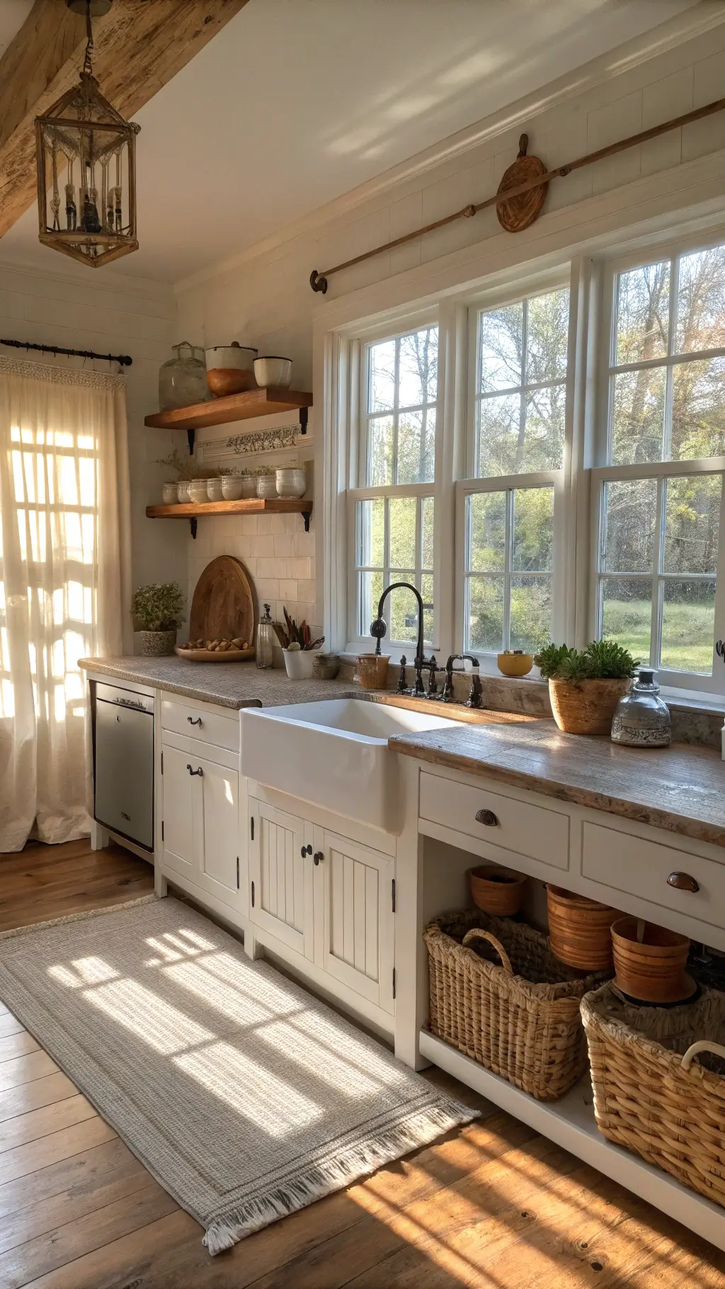 Sunlit farmhouse kitchen with oak flooring, apron sink under a window with cafe curtains, reclaimed wood shelves displaying ironstone pitchers and mason jars, center island with hanging copper pots, and natural decor in a palette of warm woods and creamy whites.