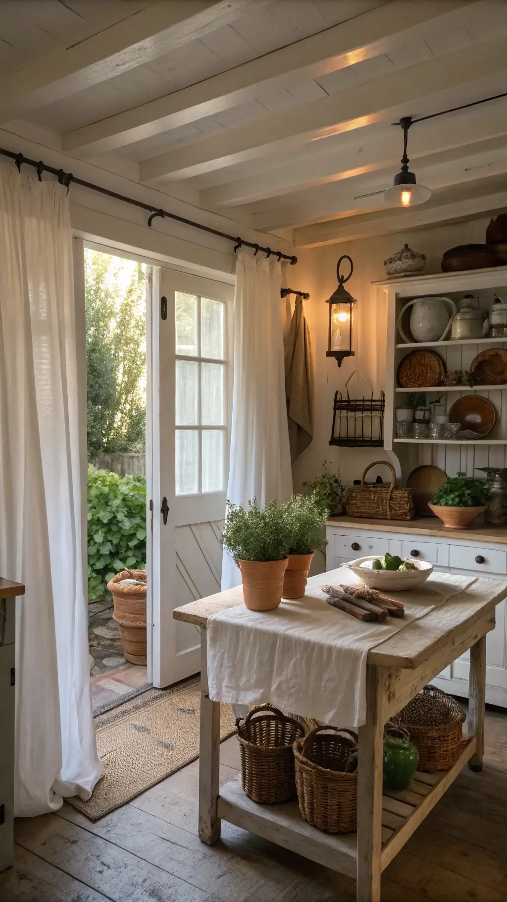 Farmhouse kitchen at dawn with vintage enamelware, weathered pine table, and fresh herbs on marble pastry board, in a setting of white shiplap walls and black iron fixtures