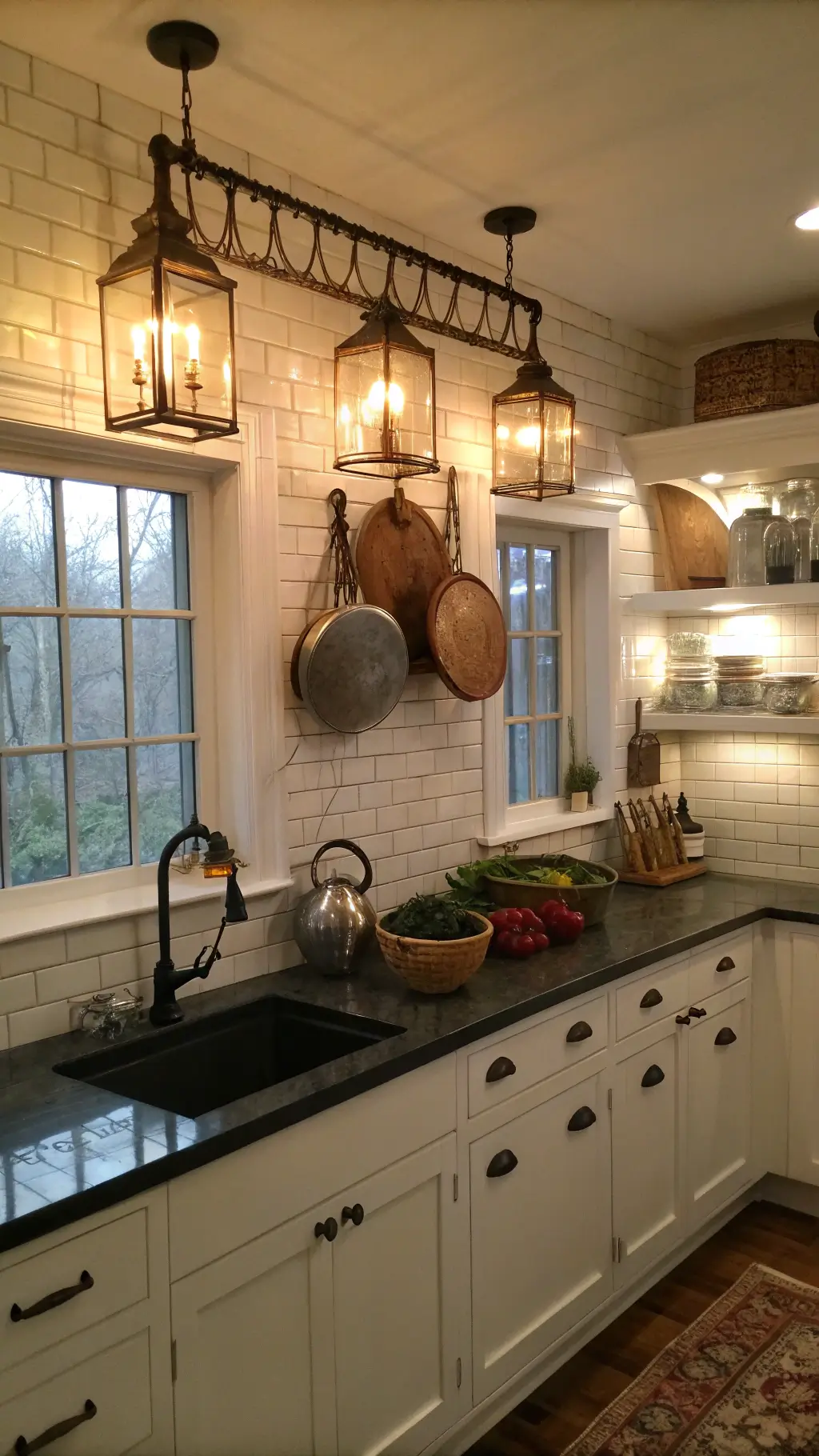 Cozy evening kitchen with warm lighting, soapstone counter, wooden cutting boards, subway tile with dark grout, rustic island with zinc top, overhead pot rack with cast iron cookware, and fresh produce in wire baskets.