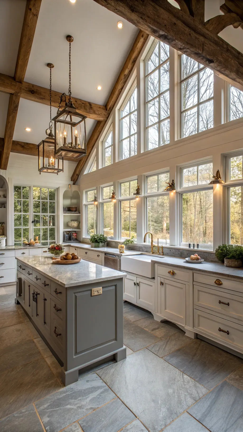 Spacious farmhouse kitchen with vaulted ceiling, exposed timber trusses, large windows, a classic Belfast sink under antique brass taps, dove gray custom cabinets with white ironstone, limestone flooring, and a distressed navy central island with marble top, styled with copper cookware, earthenware crocks, and vintage scales in a wide-angle shot.