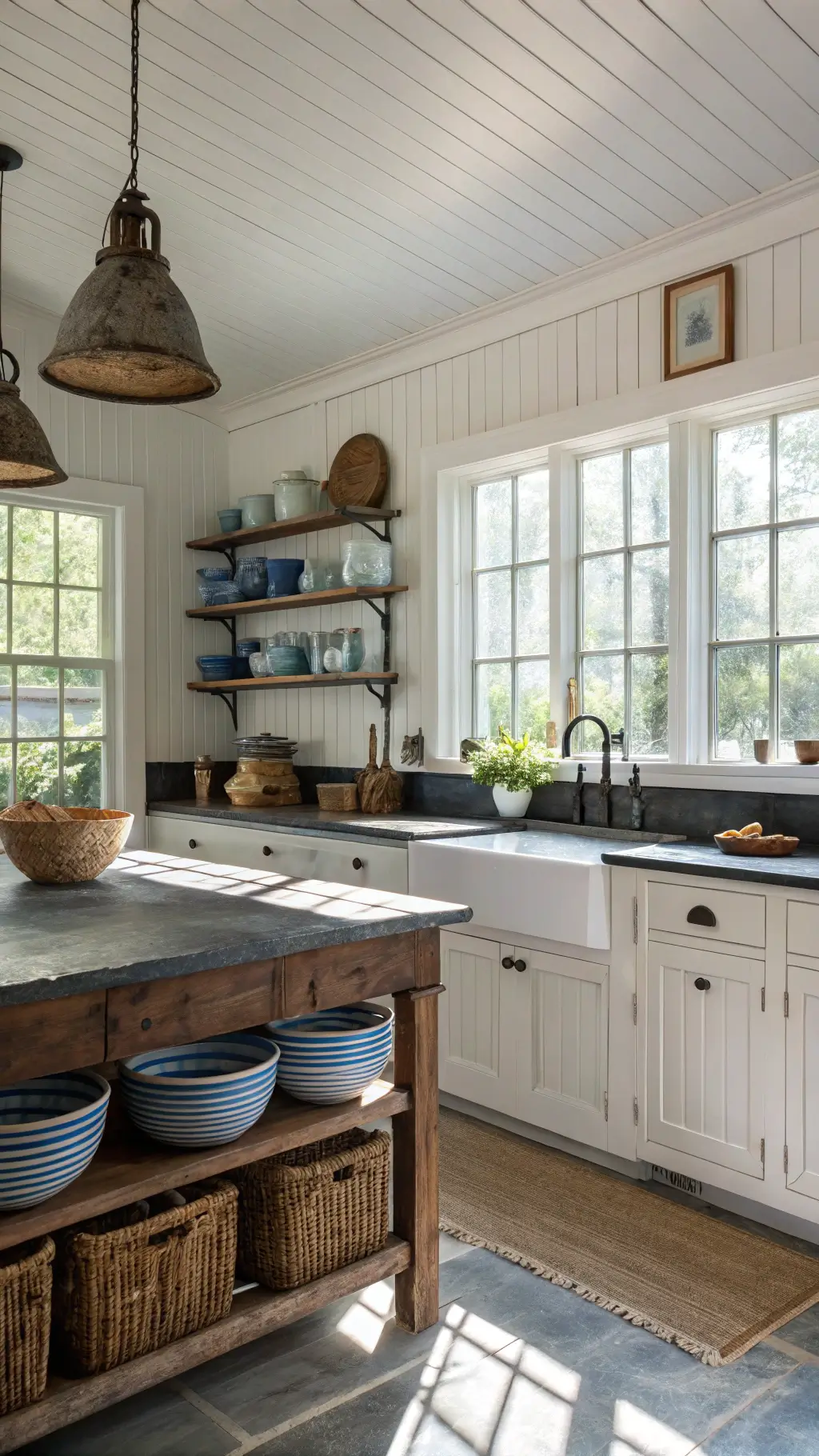 A vintage-style kitchen with morning light filtering through mullioned windows, white shiplap walls, dark soapstone counters and a copper farmhouse sink, decorated with stoneware pitchers and blue-striped mixing bowls on open shelves, illuminated by an industrial pendant lamp hanging over a reclaimed wood island.