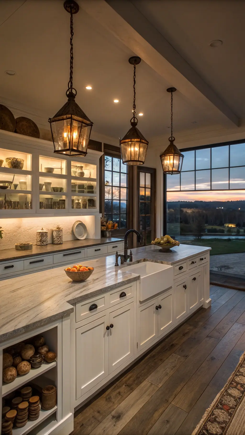 Dramatic dusk scene in a farmhouse kitchen with vintage decor, white inset cabinets with black iron hardware, open shelving with copper molds and earthenware, reclaimed oak flooring, marble backsplash, and warm pendant lights casting glow on zinc-topped island.