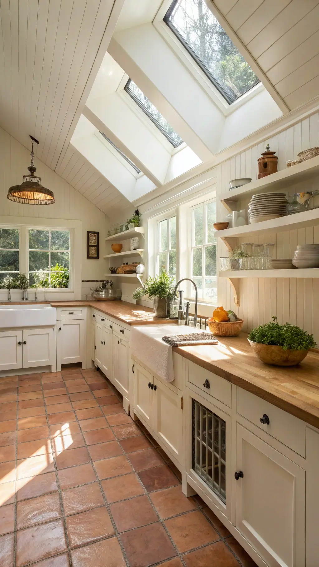 Bright, naturally lit galley kitchen with farmhouse sink, beadboard walls, open shelving, vintage collections, butcher block prep table and terracotta tiles, viewed from an elevated perspective.