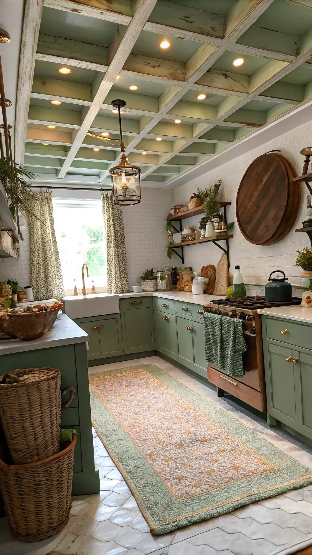 Early morning view of a U-shaped kitchen with sage green custom cabinets, soapstone counters, copper farmhouse sink, brass fixtures, vintage pottery and antique style decor under soft natural light.