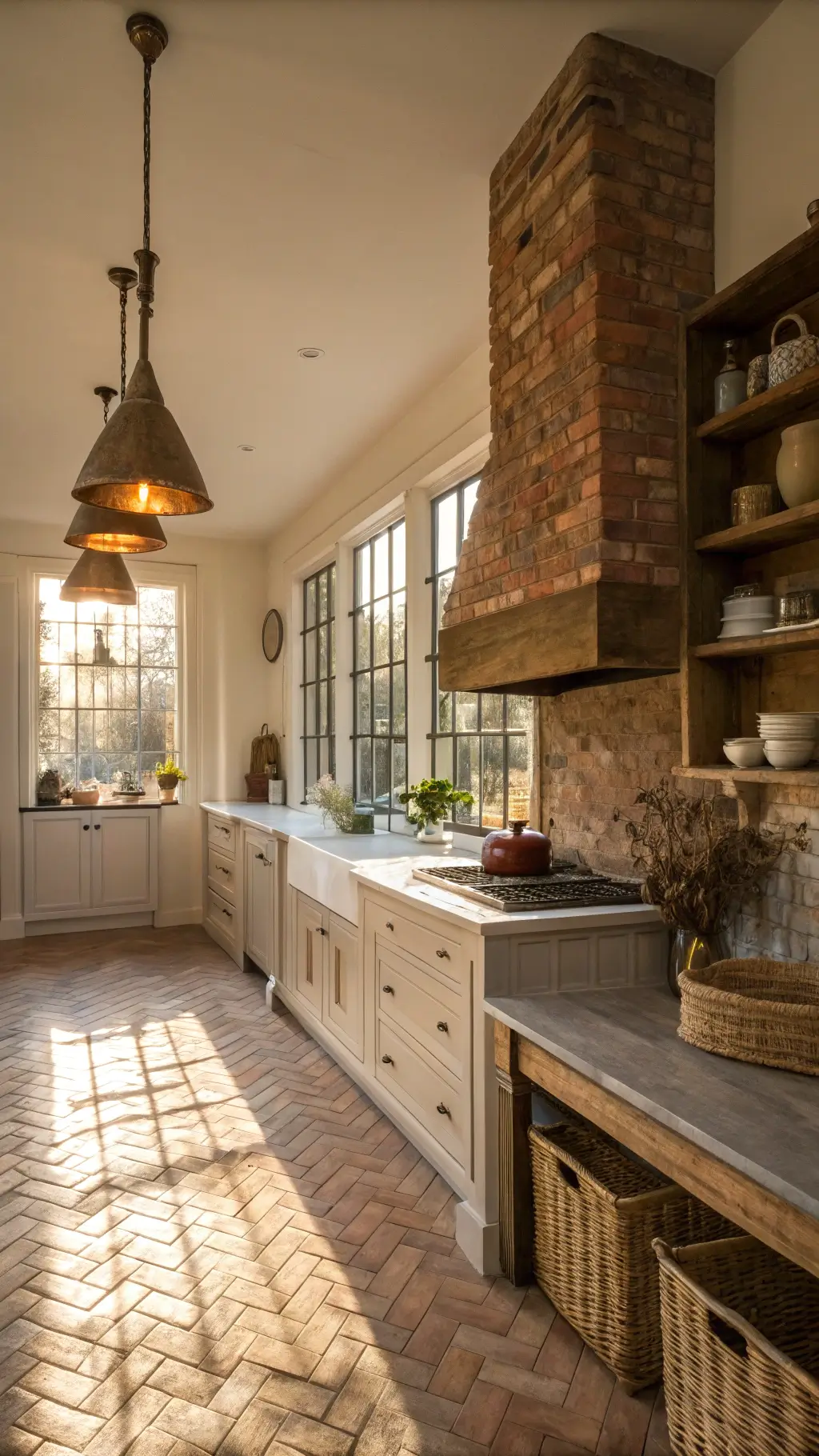 Late afternoon kitchen with golden light streaming on herringbone brick floors, vintage porcelain sink, open shelving with cream pottery, pendant lights over zinc-topped island, and texture layers of grain sack cushions, woven baskets, and copper cookware, shot from an elevated corner position with a focus on architectural details.