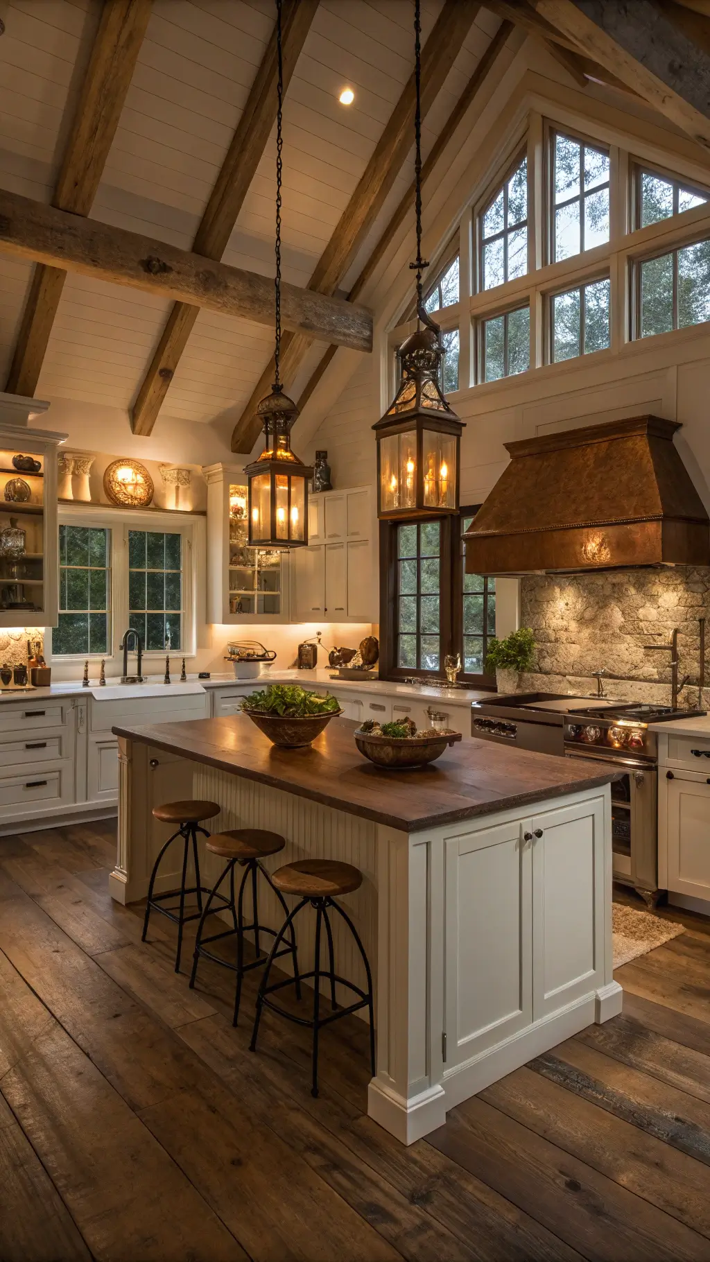 Vintage farmhouse kitchen with cathedral ceiling, limestone island, white oak cabinets, copper range hood and farmhouse sink; open shelving with stoneware collection and pine floors, illuminated by antiqued glass wall sconces.