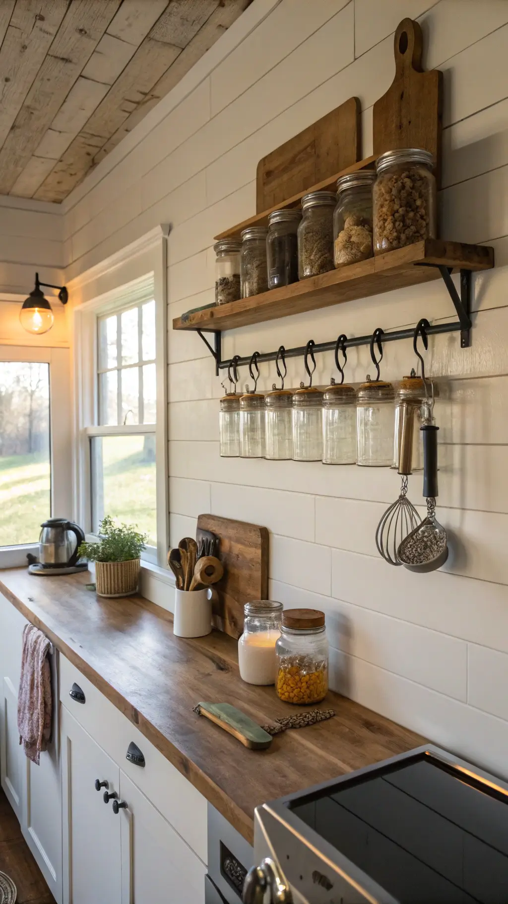 Rustic kitchen corner at dawn featuring a custom-made mason jar organizer, vintage cooking tools and butcher block counter, with morning sunlight highlighting architectural details.