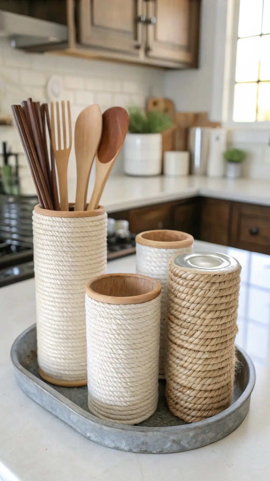 Three rope-wrapped utensil holders on a vintage tray in a sunlit kitchen with white countertops