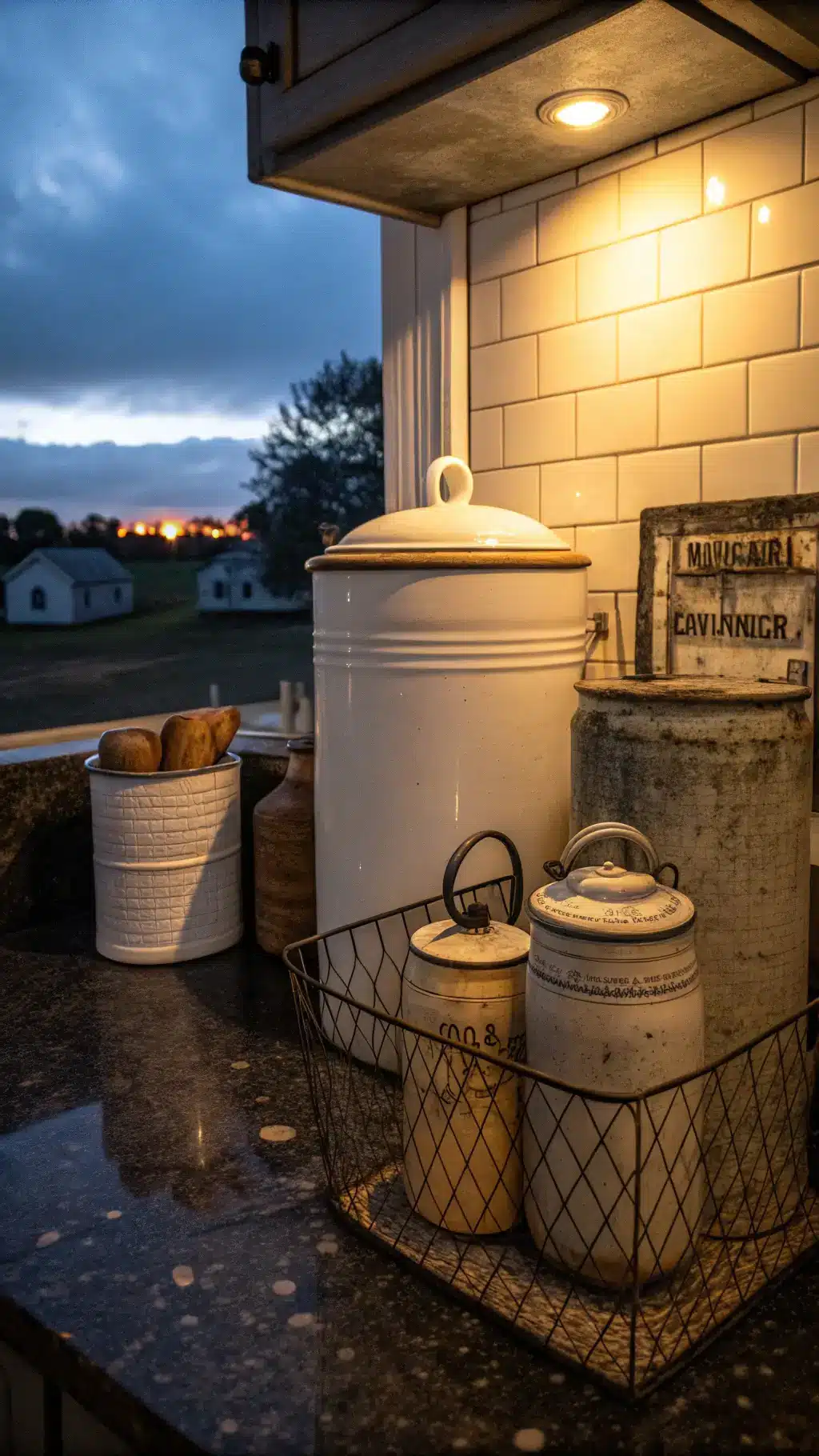 Dramatic dusk lighting illuminating a moody kitchen corner with mixed vintage holders including a tall white ceramic crock, tin canisters, and a wire mesh caddy on dark soapstone counters.