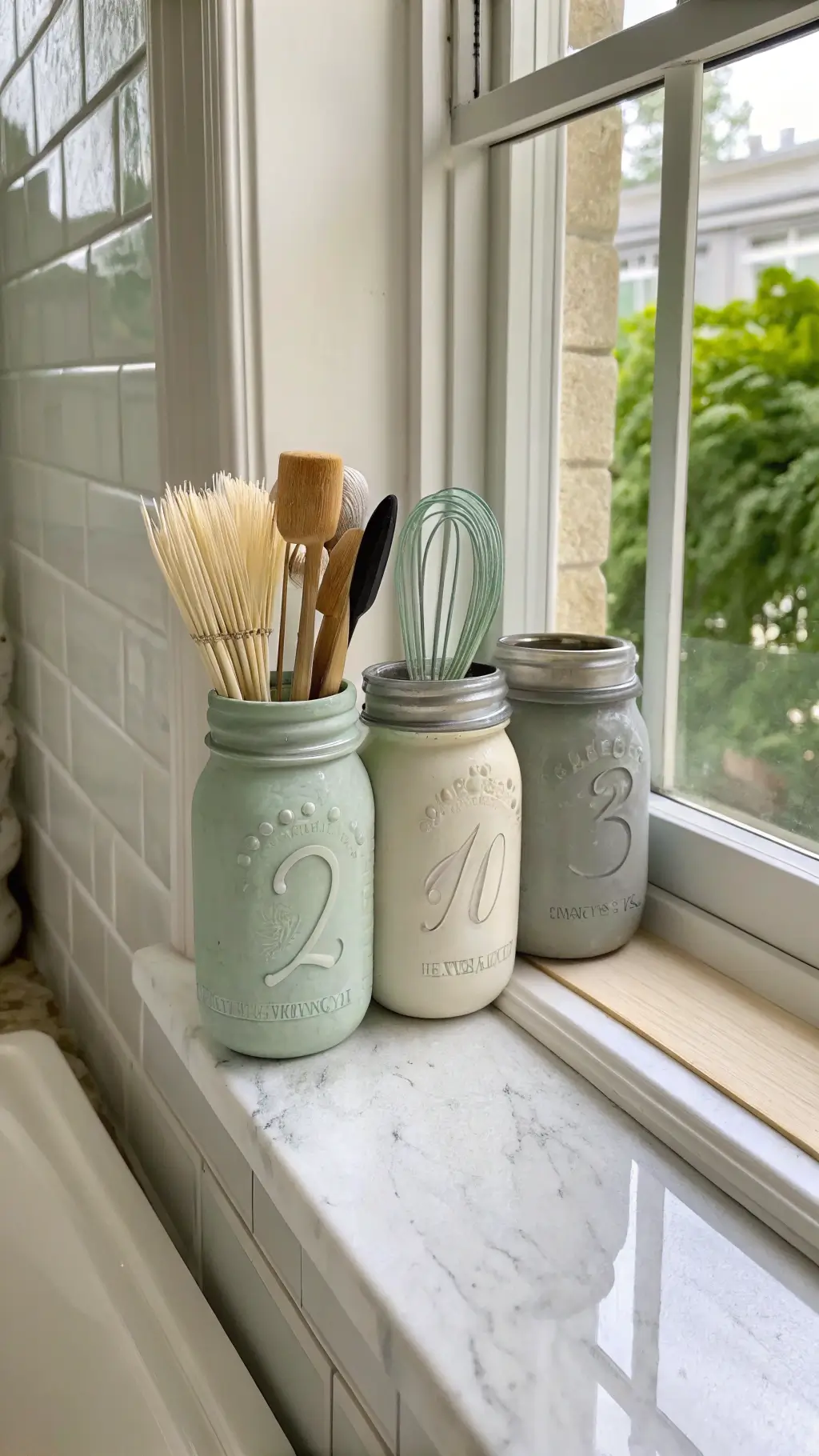 Three numbered, chalk-painted mason jars in sage, cream and gray on a marble windowsill holding enamelware utensils, backlit by midday sunlight