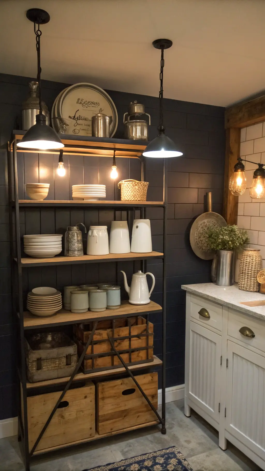 Cozy evening kitchen scene with farmhouse utensils on open shelving against dark navy shiplap walls, highlighted by warm pendant lighting