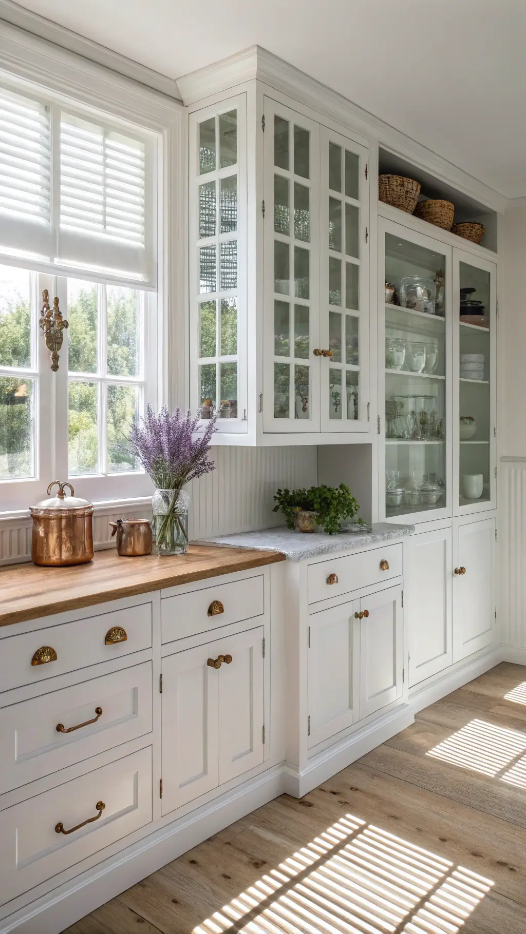Sunlit kitchen corner with white cabinets, vintage knobs, brass hinges, butcher block counters, copper pulls, and decor including a white pottery collection and lavender in mason jars.