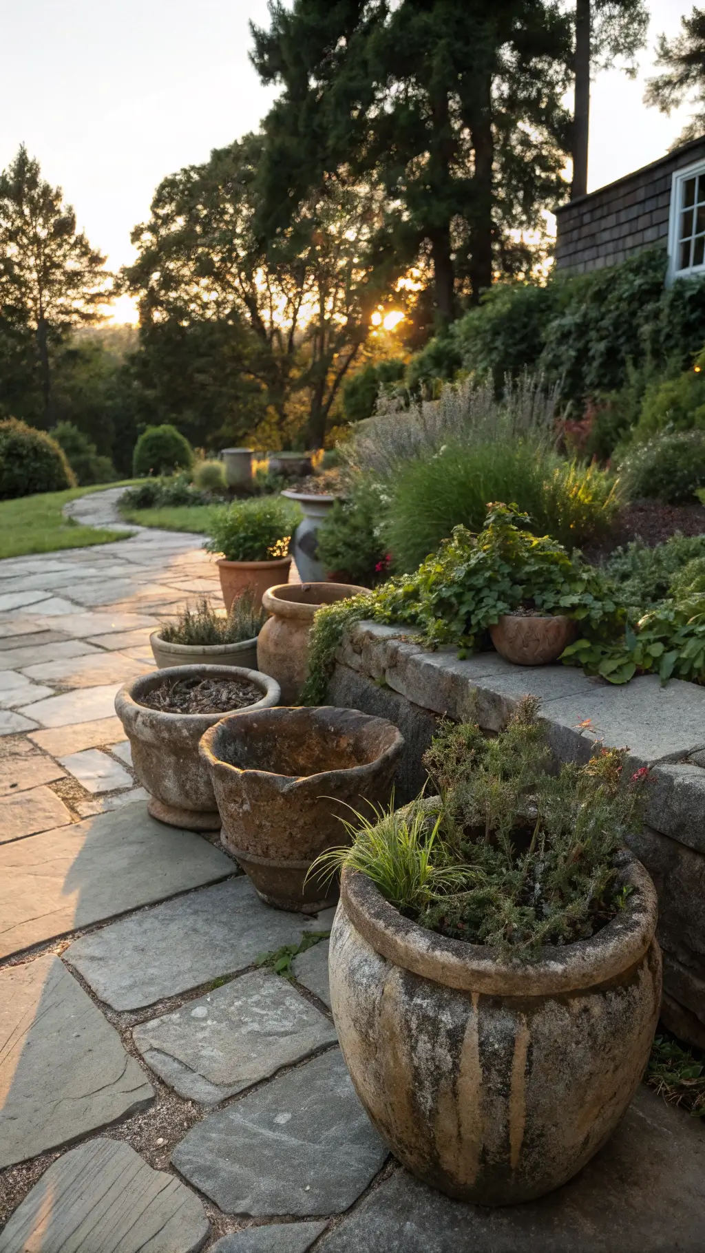 Weather-worn wabi-sabi planters with various plants on a stone patio during golden hour, depicting the beautiful fusion of ceramics and nature.