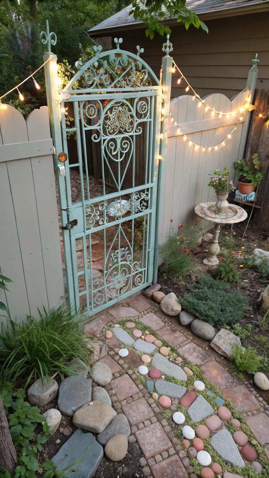 Bird's eye view of a colorful secret garden corner with vintage metal gate wall art, pastel birdcages with plants, hand-painted rock borders, teacup fountain, and mosaic stepping stones in daylight.