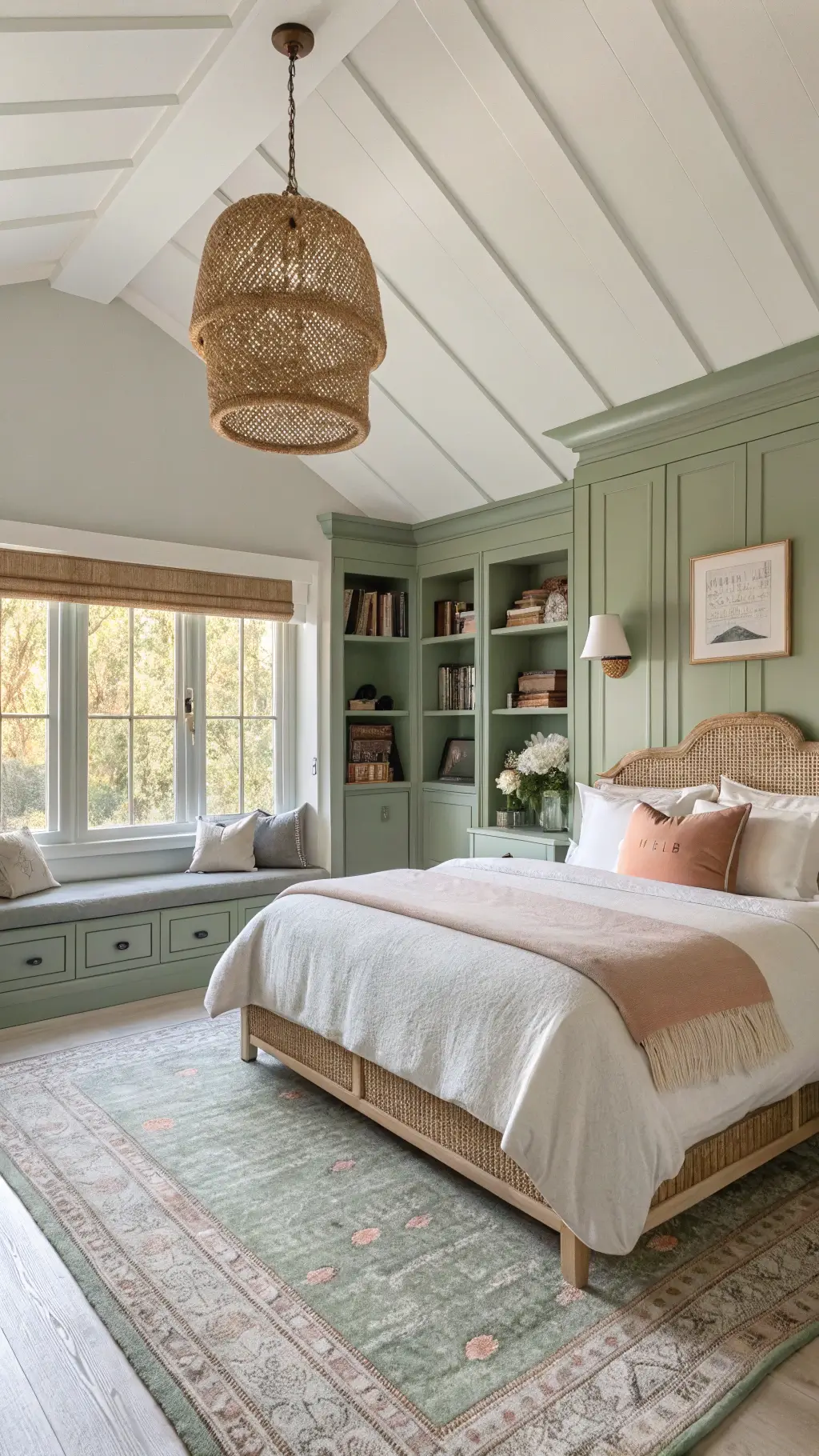 Light-filled primary bedroom with sage green window seat, floor-to-ceiling bookshelves, king-sized bed with sage and blush linens, rattan pendant lights, floating oak shelves with pottery, and vintage sage and cream rug in California casual meets collected elegance style.