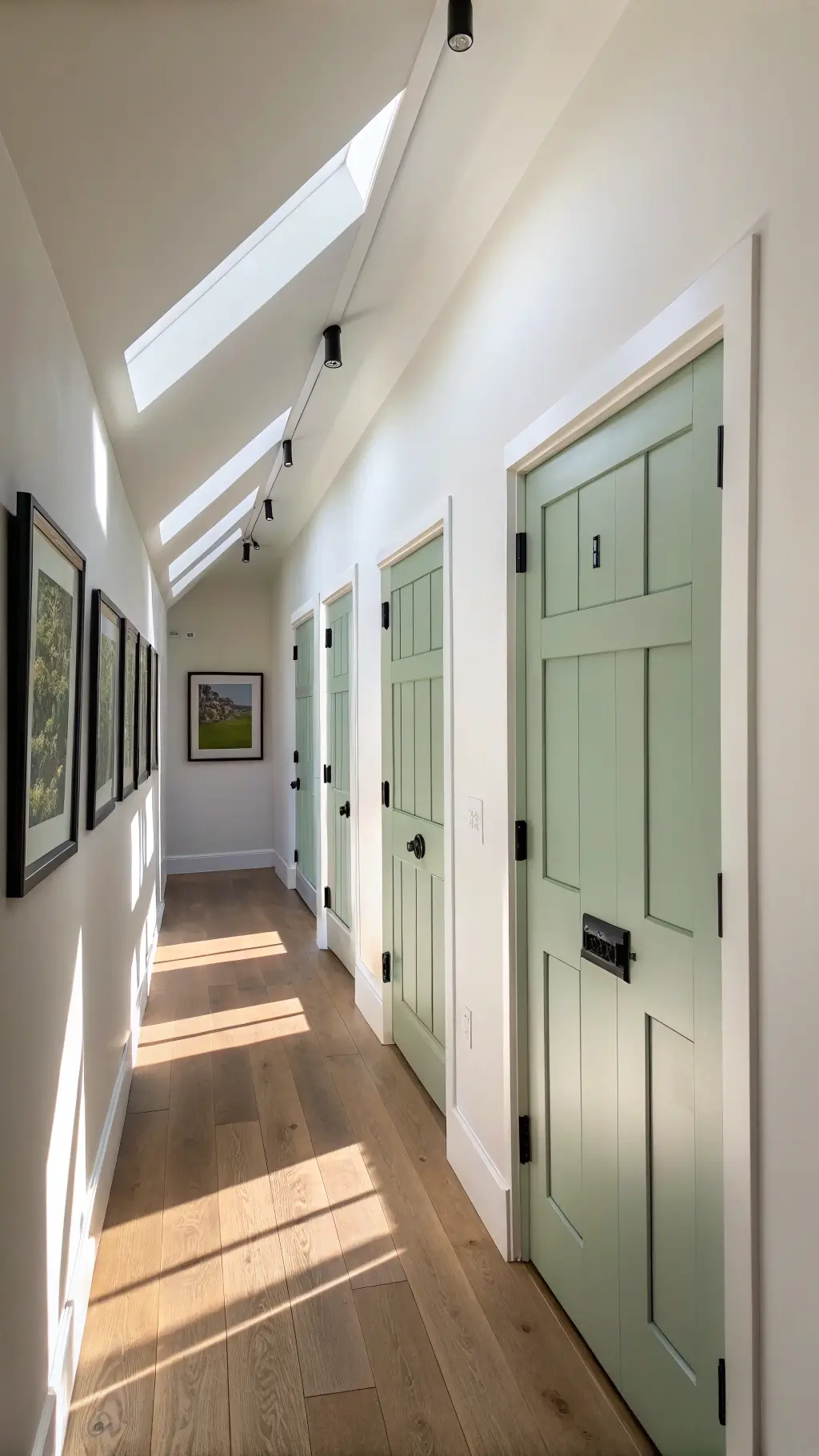 Minimalist hallway with three sage green doors, matte black hardware, light oak flooring, and subtle artistic elements, all bathed in late afternoon sunlight from a 45-degree angle.