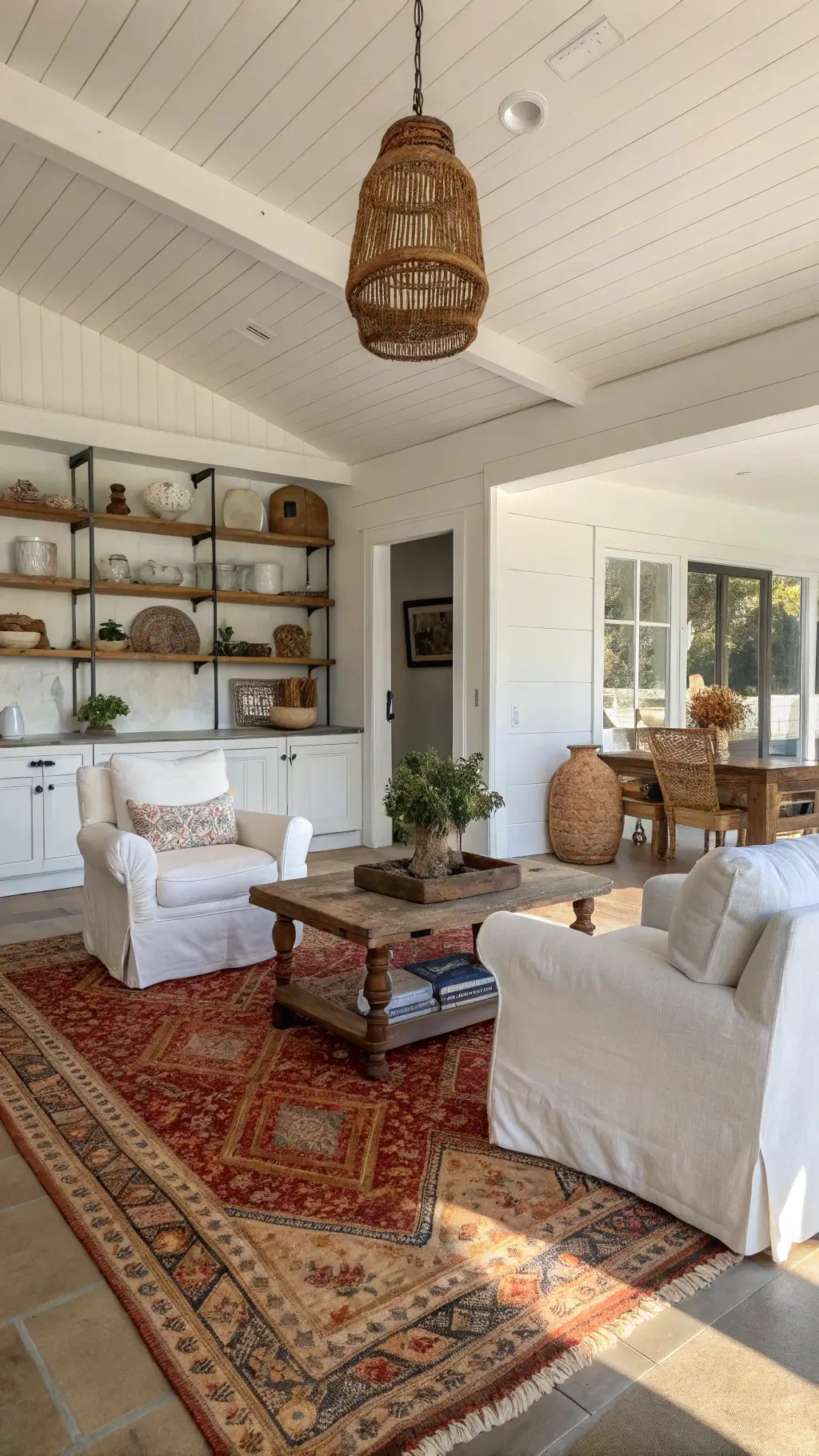 Bright, open-concept living area with ivory linen chairs, rustic oak coffee table, vintage Persian rug, ironstone pottery on floating shelves against shiplap walls, and a woven pendant light, viewed from the kitchen threshold.