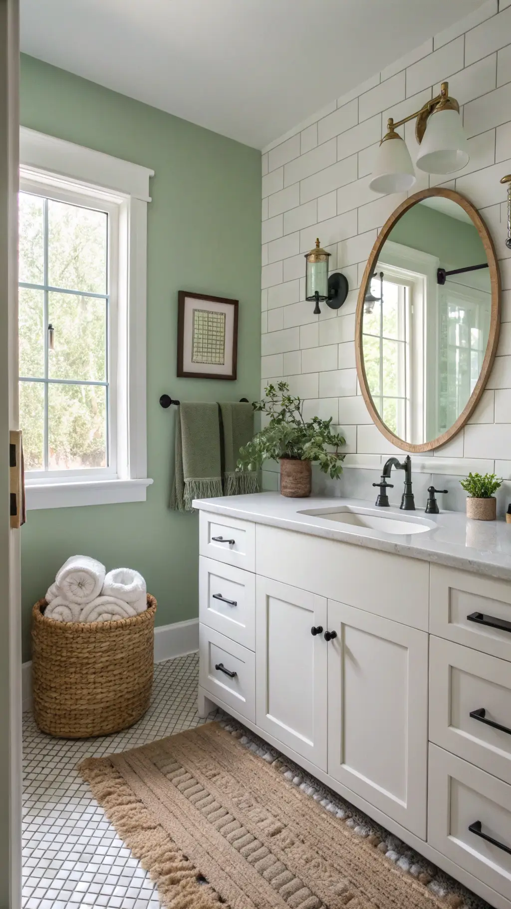 8x10ft bathroom with sage green walls and white subway tiles, featuring a veined marble vanity with black fixtures. A round gold-framed mirror reflects natural light from a frosted window, complemented by potted eucalyptus and stacked sage green and white Turkish cotton towels. Seagrass basket beside vanity.
