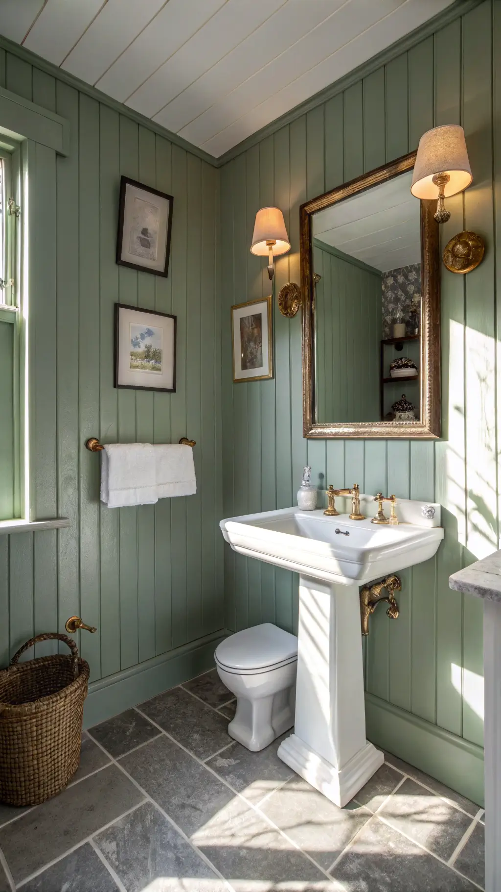 Minimalistic powder room with sage green vertical shiplap, brass washbasin, herringbone marble floor, vintage brass sconces and minimal decor featuring a white orchid.