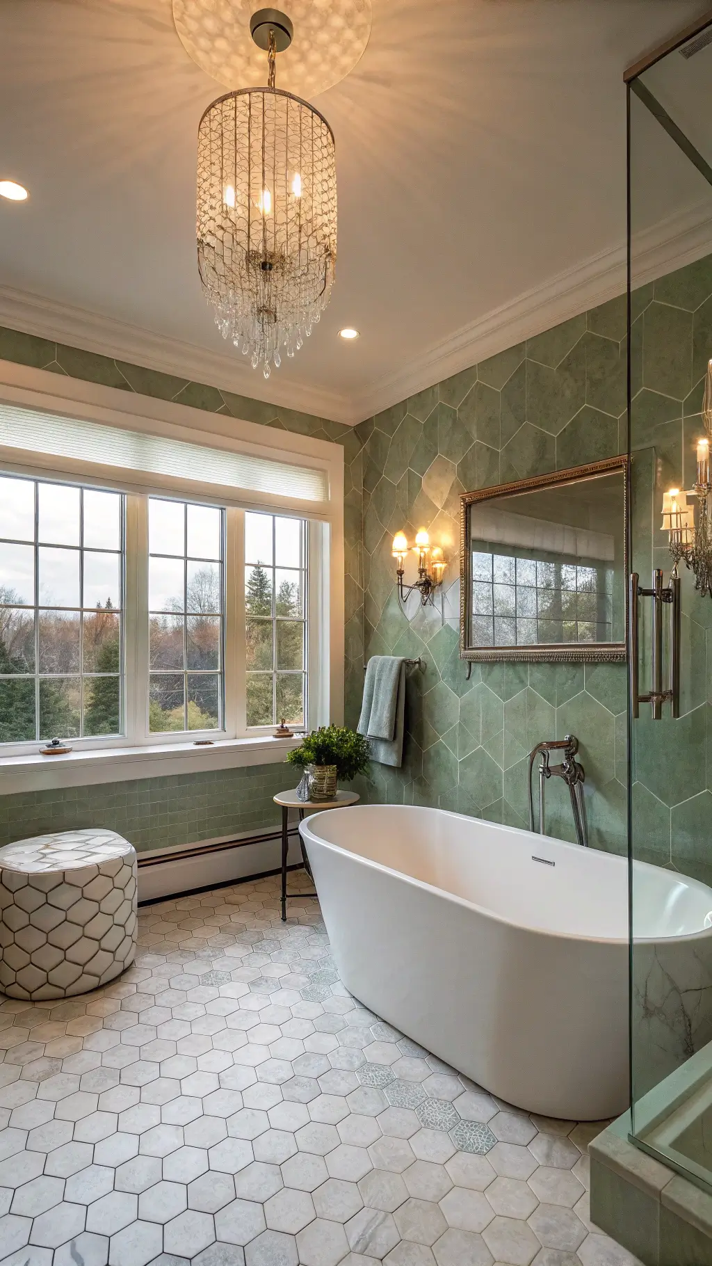 Elevated view of a spacious master ensuite with sage green tile walk-in shower, modern freestanding tub under a large window, hexagonal marble tiled floor, crystal chandelier, crushed velvet ottoman, and fluffy ivory towels during golden hour.