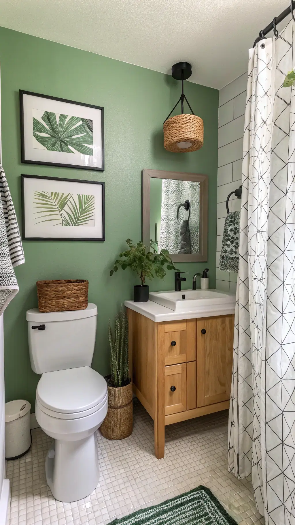 Compact urban bathroom with sage green walls, white penny tile flooring, wall-mounted toilet, floating vanity, rattan pendant light, and minimalist decor in crisp morning light.