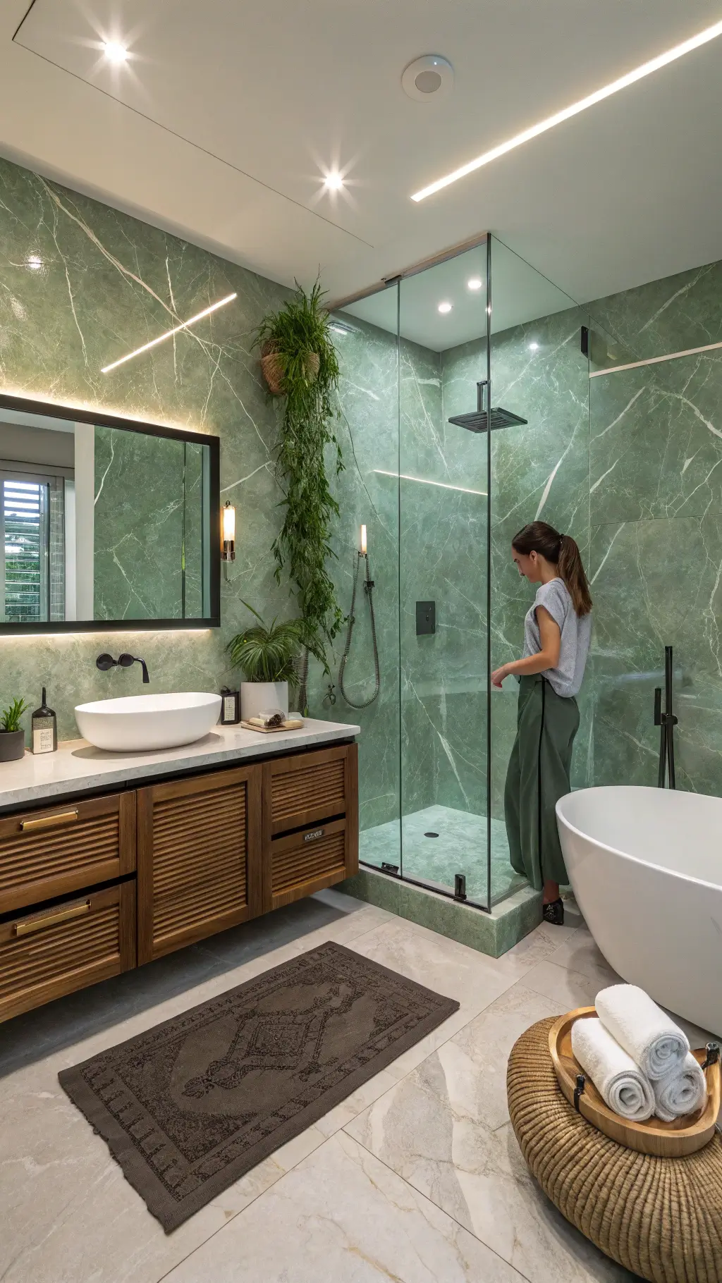 Sophisticated and tranquil spa-inspired bathroom with sage green marble-effect tiles, frameless glass shower, backlit floating vanity in dark walnut, and organic elements of white orchids and eucalyptus branches.