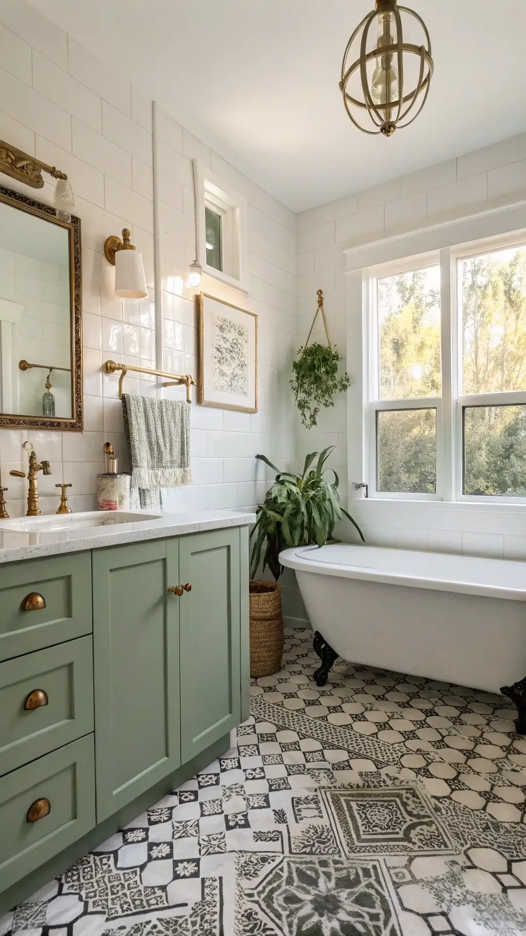 Sunlit 7x9ft bathroom with sage green cabinet, clawfoot tub under window, vintage black and white floor tiles, and antique brass sconces, accented with bohemian macramé plant hanger and various metal finishes.