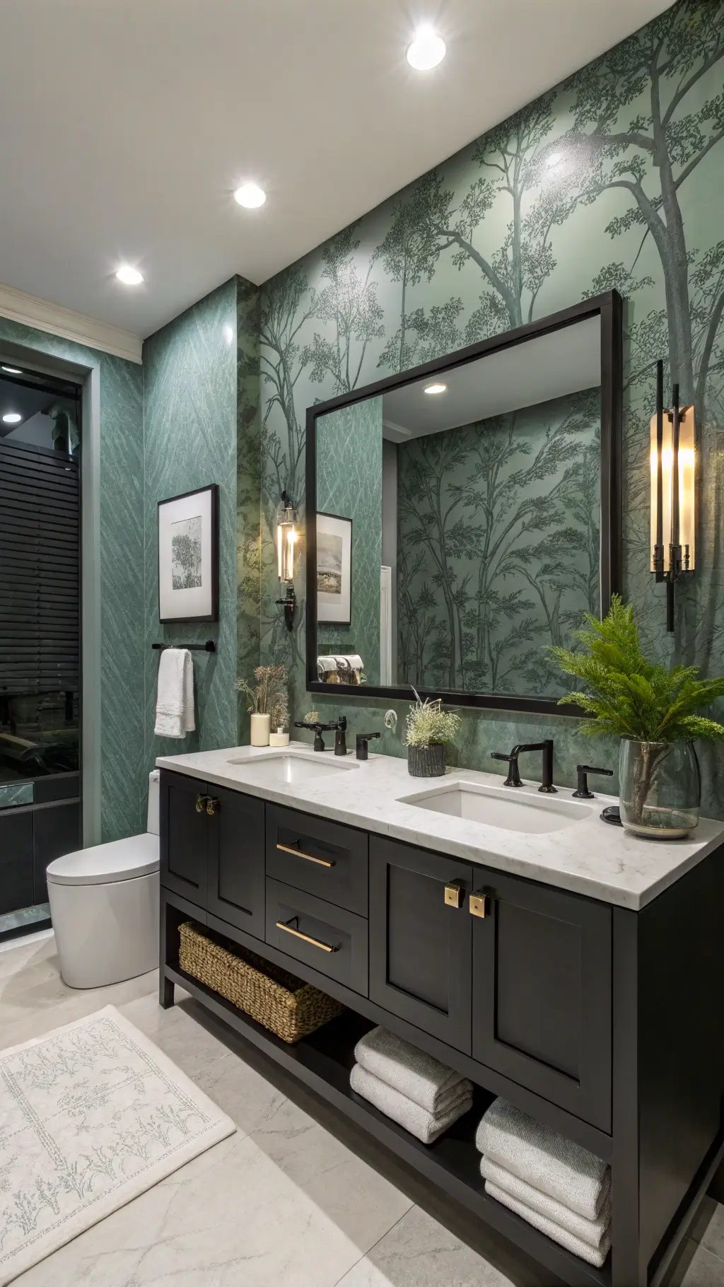Contemporary 9x11ft bathroom with textured sage green wallpaper, matte black double vanity with Carrara marble top, illuminated mirror, recessed lighting, and accessories in mixed metals