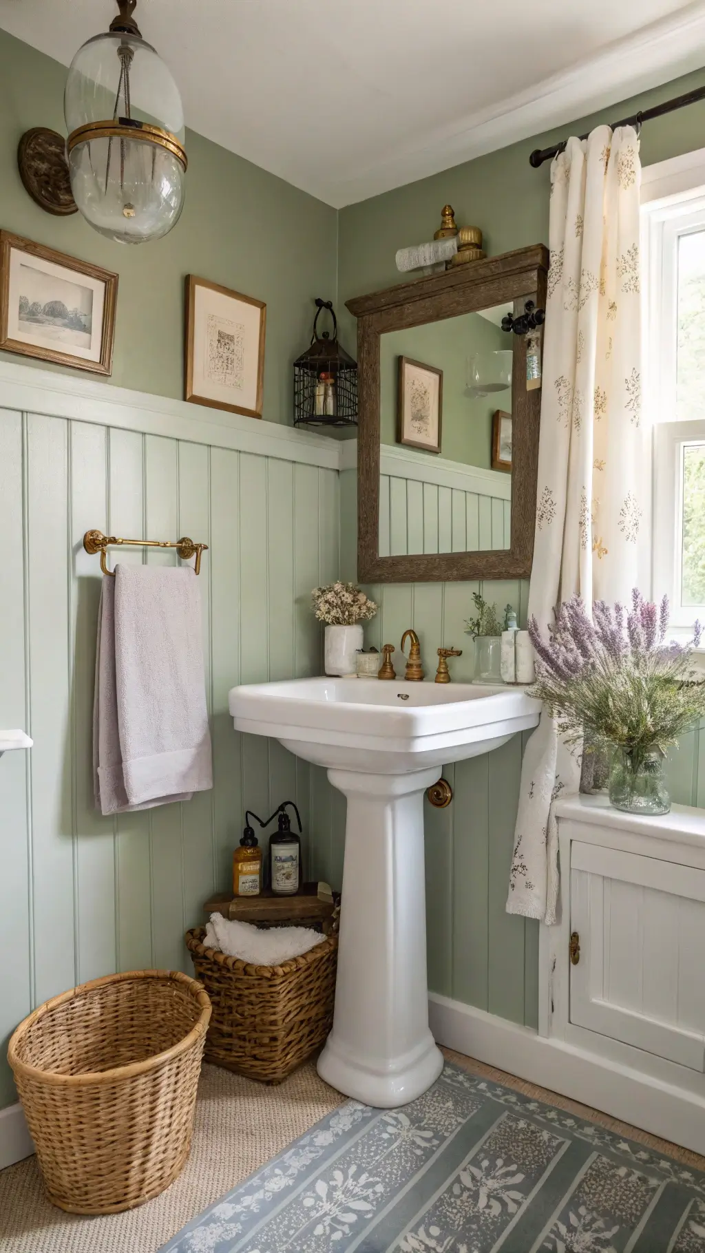 Cozy and welcoming 6x8ft bathroom bathed in afternoon light, featuring sage green board and batten walls, vintage brass mirror and sconces, a white pedestal sink, styled with woven baskets, antique apothecary bottles and fresh lavender bundles, with a natural linen shower curtain for added texture.