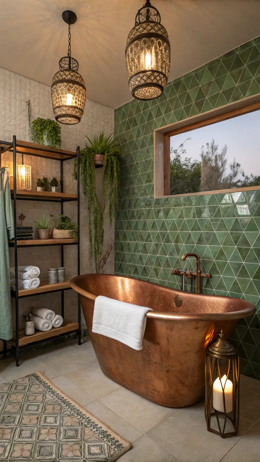 Exotic and luxurious bathroom with sage green cement tile wall, copper bathtub, paper lantern lighting, and wooden shelf details at dusk.