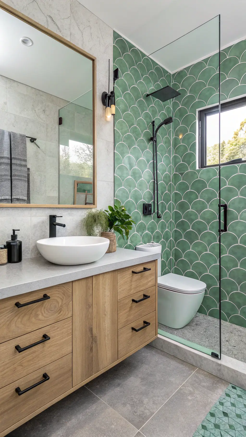 Morning-lit bathroom with sage green fish scale tiles, white oak vanity with concrete countertop, matte black fixtures, concrete vessels, minimalist art, and air plants.