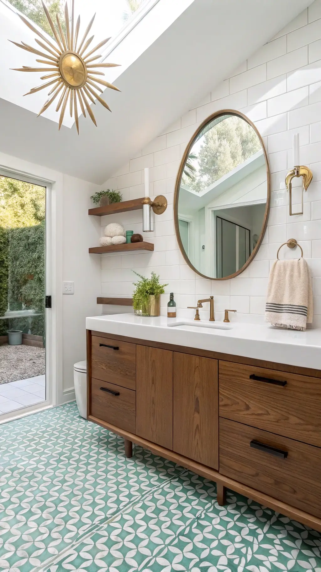 Midcentury modern washroom featuring a floating walnut vanity, circular brass mirror, starburst light fixture, aqua and white geometric floor tiles, and a teak shelving unit displaying vintage pottery under a clerestory window that provides diffused afternoon light.
