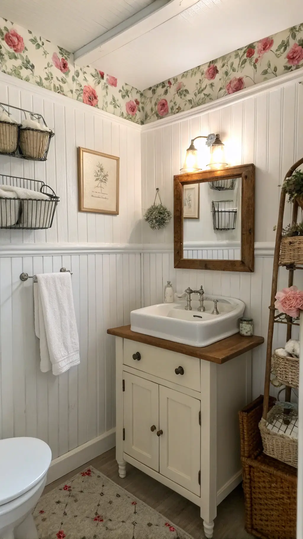 Charming country-style bathroom with white beadboard wainscoting, floral wallpaper, vintage console sink, weathered wooden medicine cabinet, and wire basket wall storage in soft morning light.