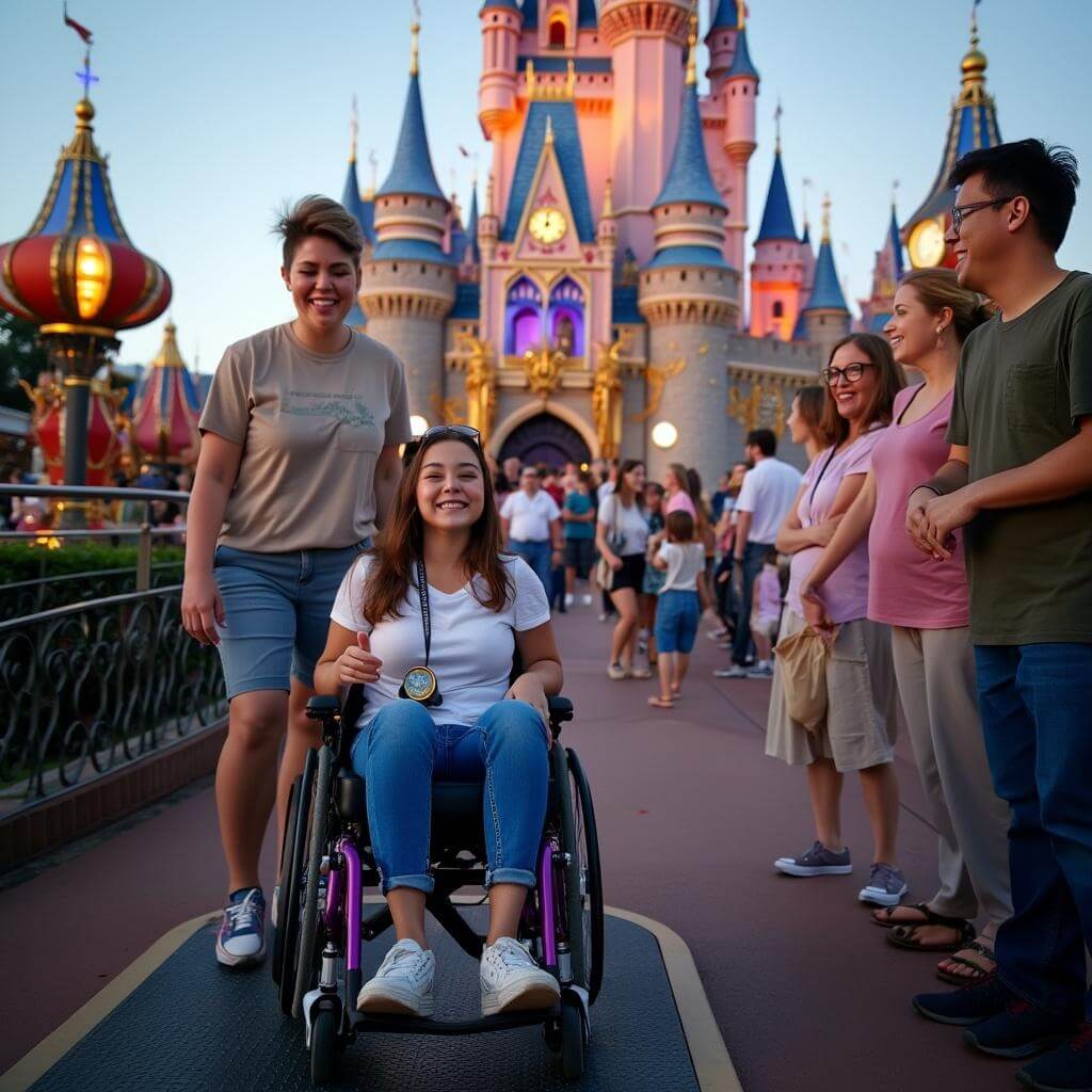Diverse group of guests boarding a wheelchair-accessible ride at 'It's a Small World' at Disney's Magic Kingdom, assisted by smiling cast members, with brightly lit, colorful facade in the background.