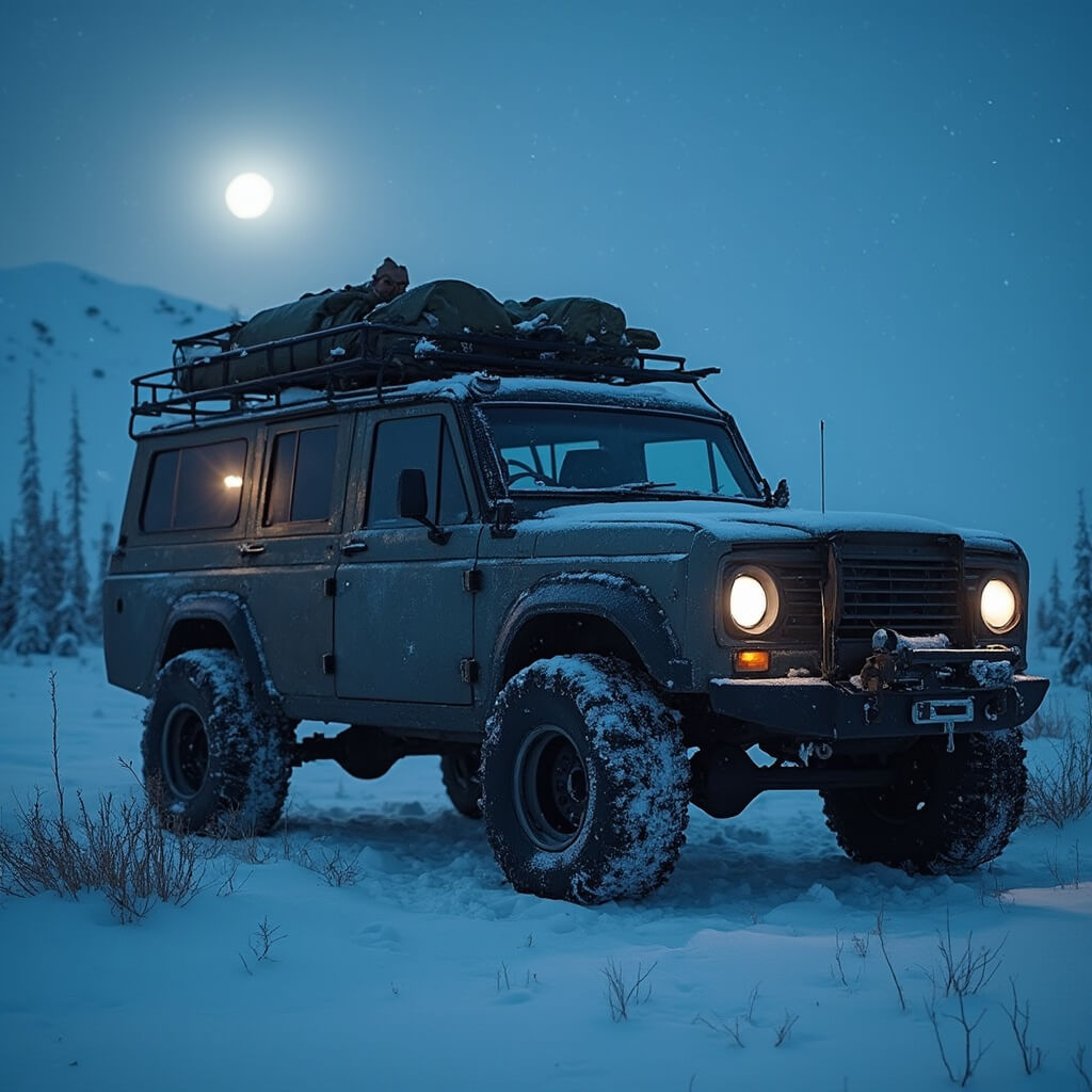 Winter expedition vehicle in remote Alaskan wilderness amidst snow-covered terrain, moonlit shadows, surrounded by survival equipment and thermal clothing for aurora hunting expedition.