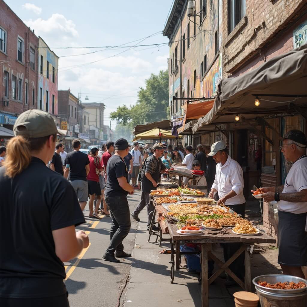 Food vendors preparing diverse cuisine in vibrant Alberta Arts District with colorful murals in the background
