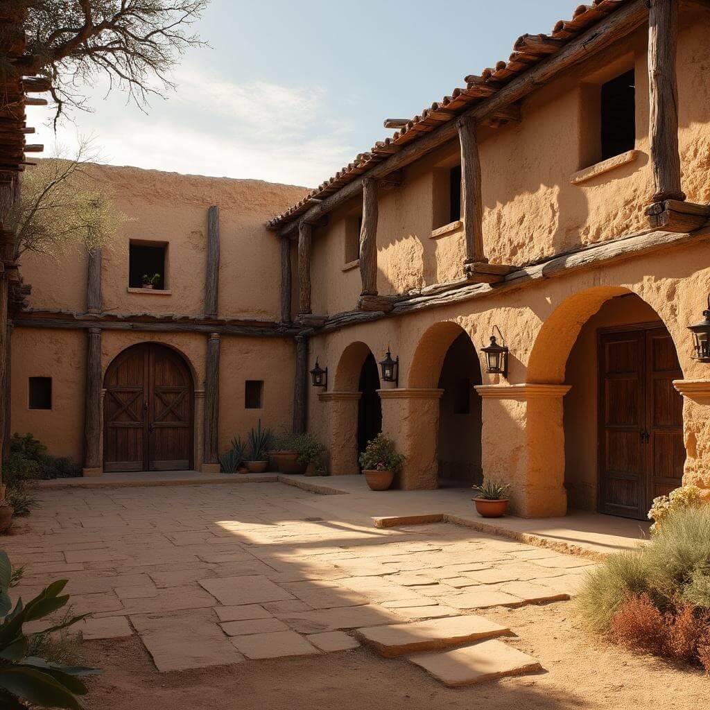 Ancient adobe mission church courtyard at dawn with wooden beams, rustic archways, intricate stonework, long shadows, surrounded by native desert plants and traditional architectural details