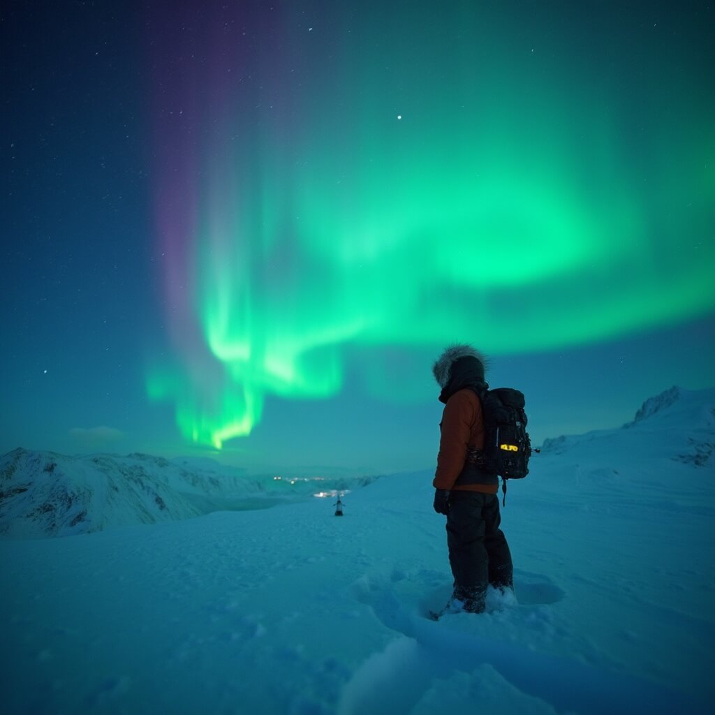 Photographer in winter gear capturing the aurora borealis at Cleary Summit in a snowy landscape