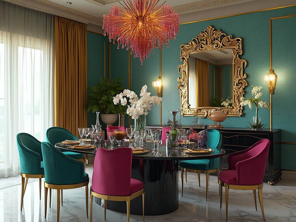 "Art Deco Dining Room with Teal and Magenta Velvet Chairs, Gold-framed Mirrors and Brass Sunburst Chandelier in High Resolution 8K"