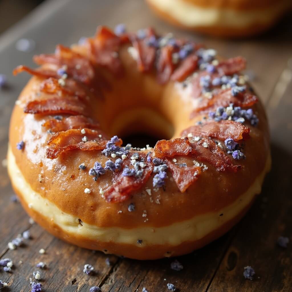 Close-up aerial view of an artisan donut with unique toppings like lavender and bacon on a rustic wooden surface, lit by soft natural light