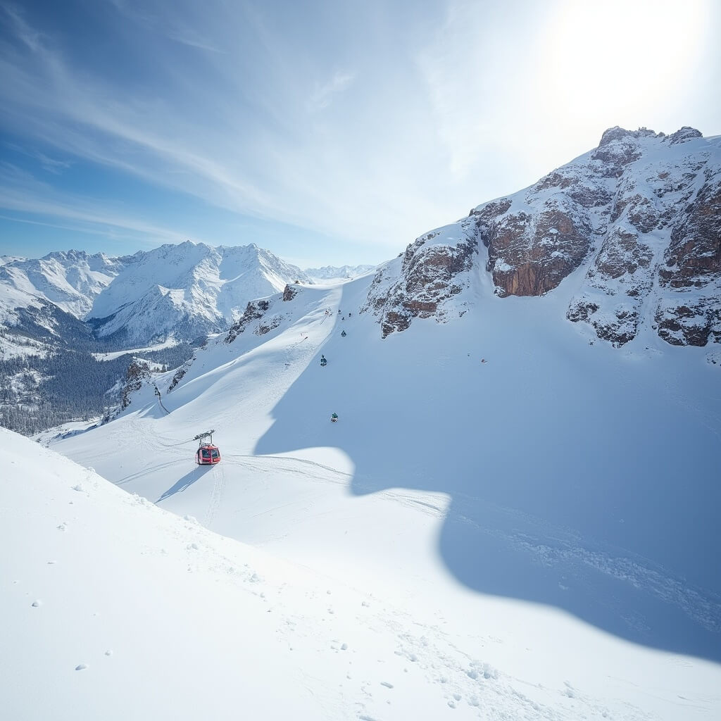 Morning sunlight casting shadows on a pristine Aspen Mountain's expert-level ski slope with rocky outcroppings and Silver Queen Gondola in the background