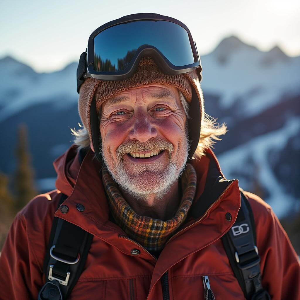 Experienced ski instructor in traditional gear during golden hour on Aspen overlook, with snow-covered Maroon Bells peaks in the background