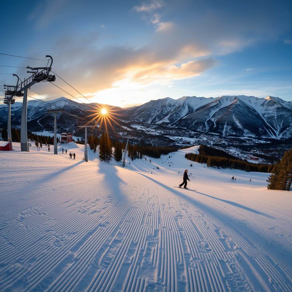 Sunrise over Aspen Snowmass ski resort with pristine snow-covered slopes, ski lifts, early-morning skiers and Rocky Mountains in the background
