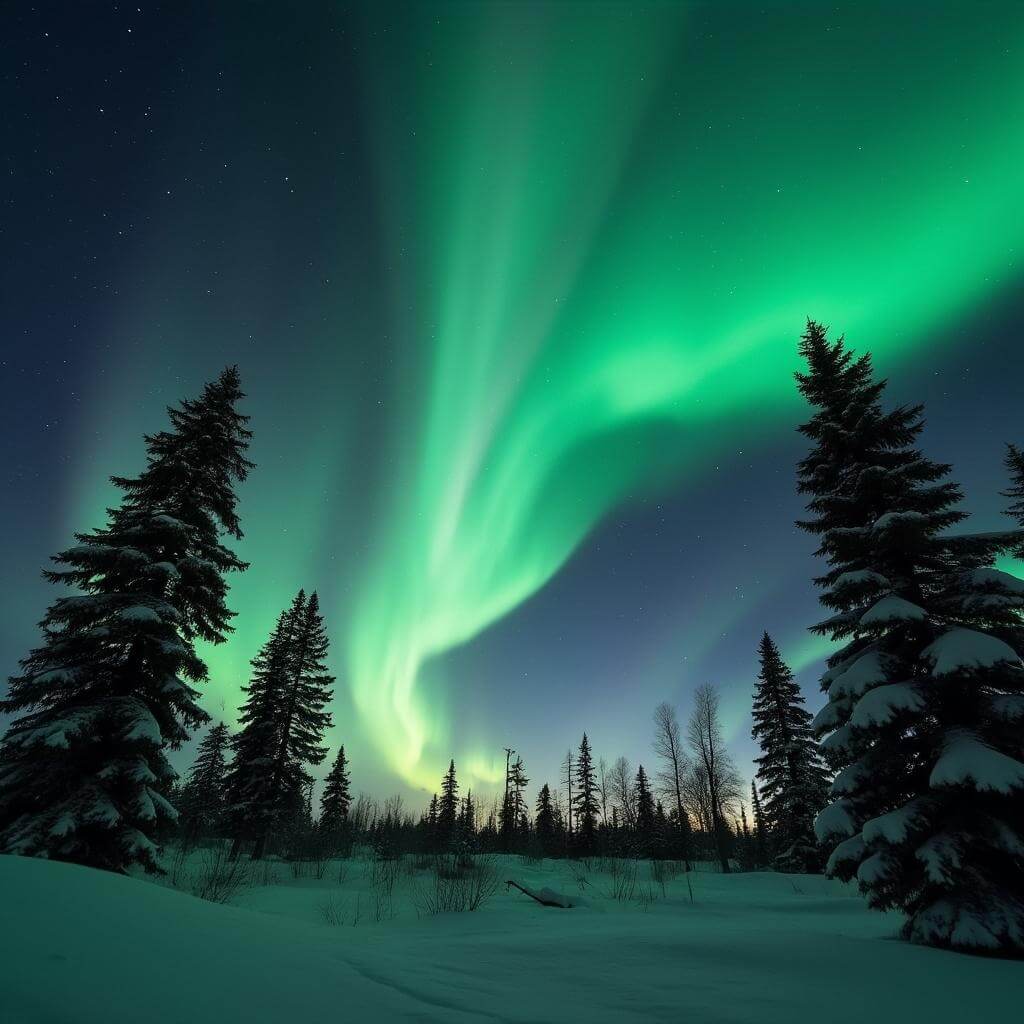 Aurora borealis illuminating the snow-covered landscape and star-filled night sky, with silhouetted spruce trees in the foreground
