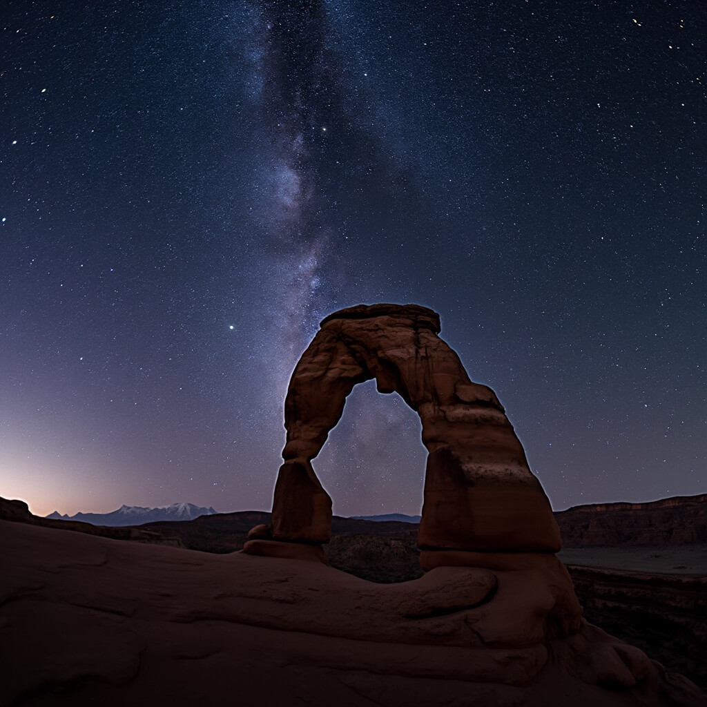 Silhouetted Balanced Rock formation at Arches National Park under a vibrant star-studded sky