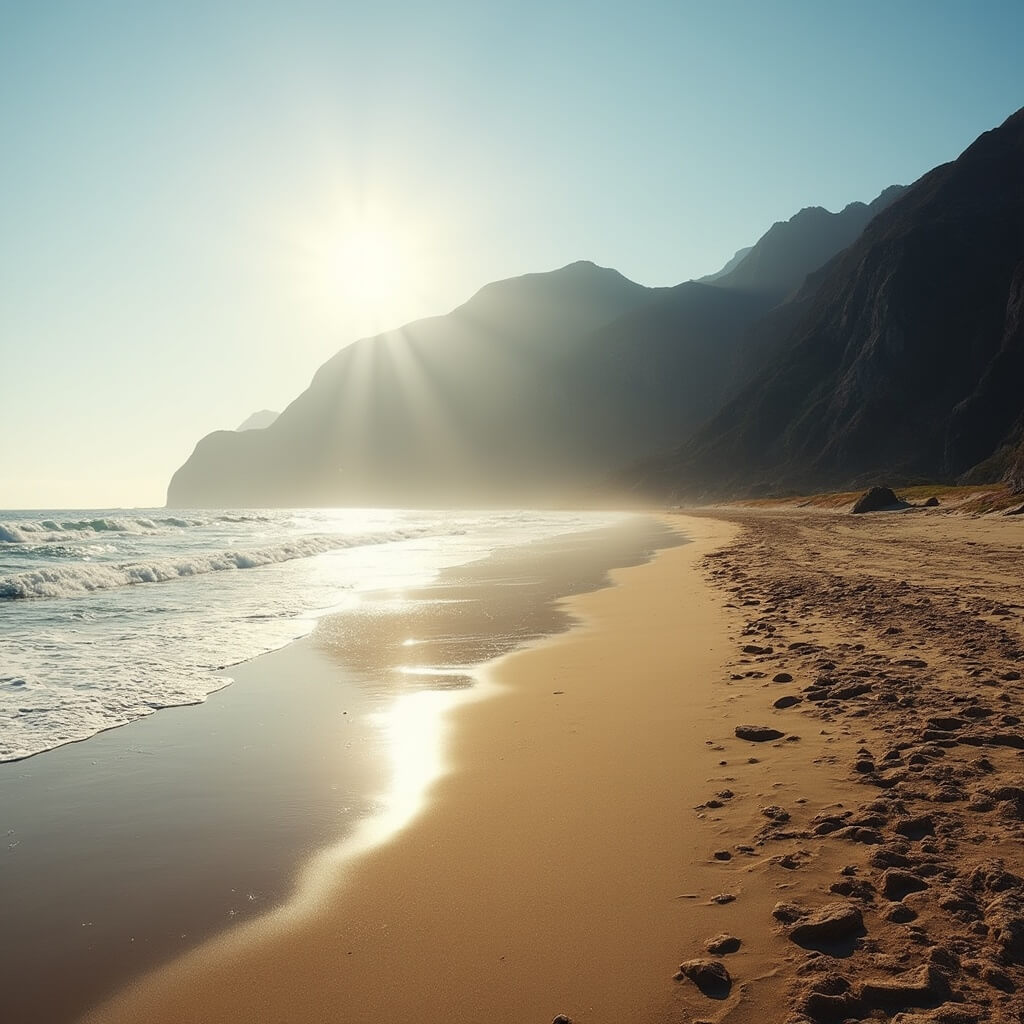 Early morning at Baldwin Beach, with golden sand, rugged North Shore mountains, and long shadows stretching across the untouched landscape