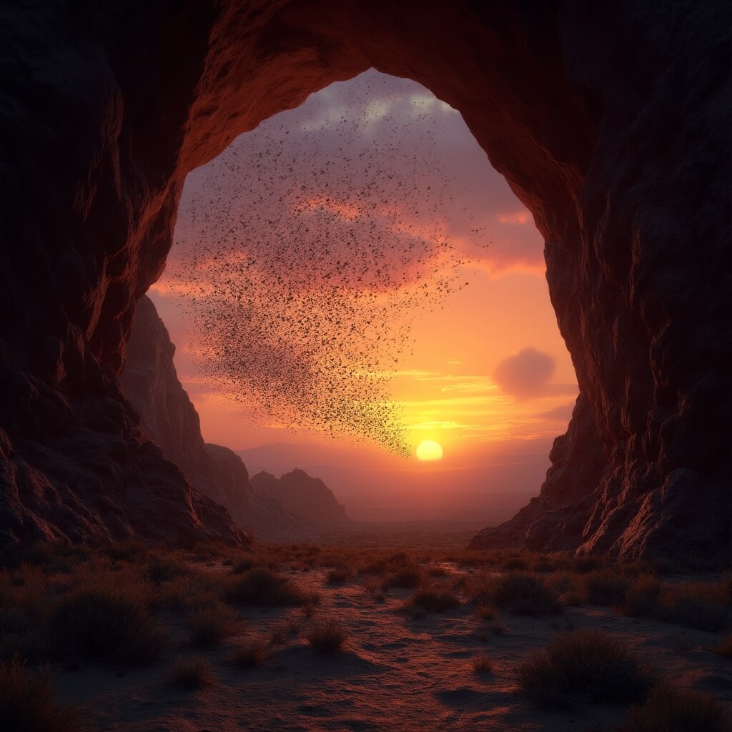 Thousands of bats silhouetted against a vibrant sunset, emerging from a cave in a dense cloud over a rocky desert landscape
