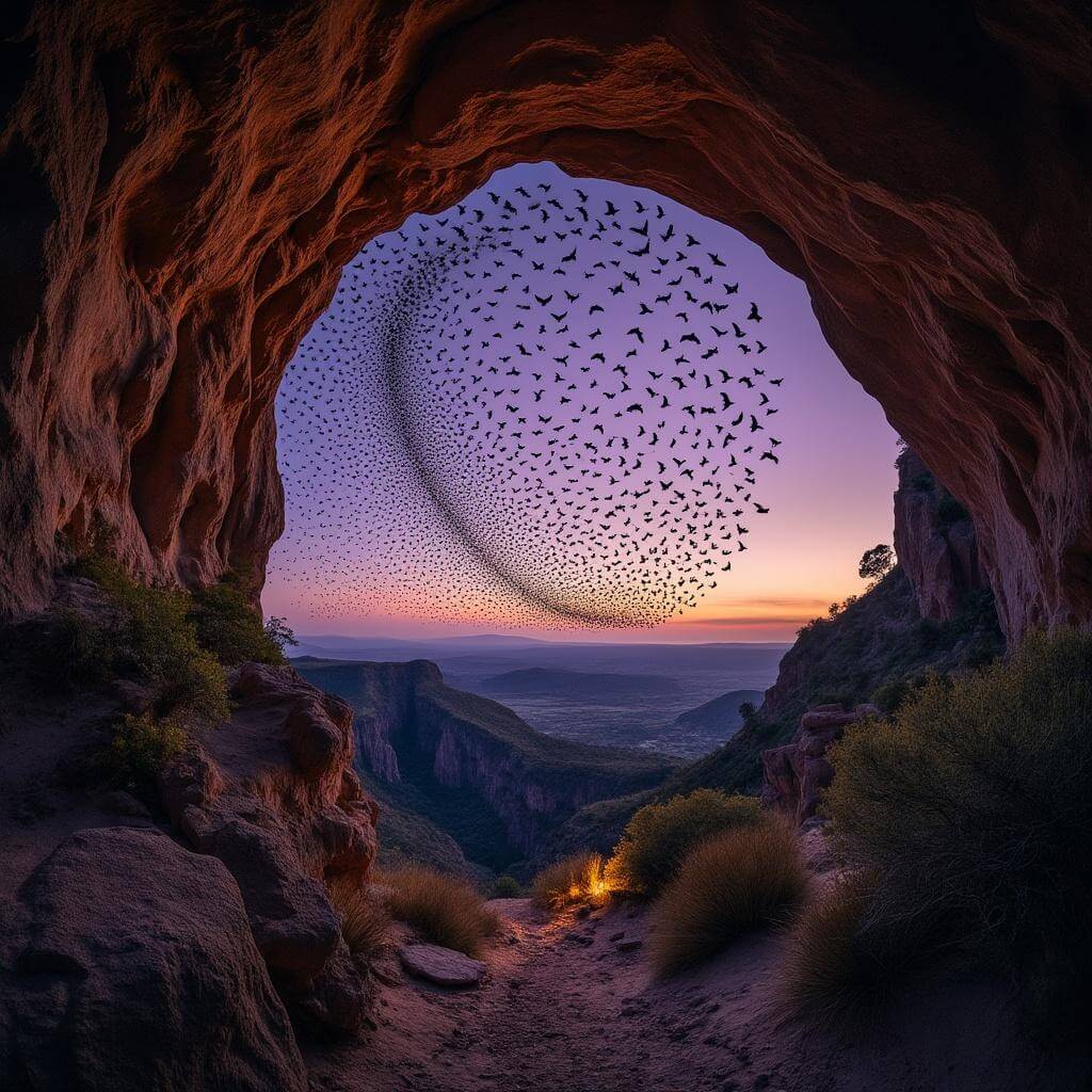 Hundreds of Brazilian free-tailed bats spiraling out of a natural cave entrance in a limestone cliff against a deep purple twilight sky