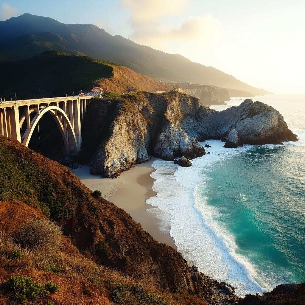 Bixby Bridge arching over deep canyon in Big Sur's rugged coastline during golden hour